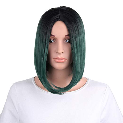 BARSDAR 14" Girl’s Short Bob Hair Wigs Straight Synthetic Dark Roots Ombre Colorful Halloween Cosplay Daily Party Wig for Women Natural Looking Heat Resistant As Real Hair with Free Wig Cap-Black to D